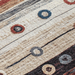 HomeRoots 5' Stylish Striped Beige, Rust, and Navy Blue Area Rug for Indoor and Outdoor Durability and Charm 8' Round 627541