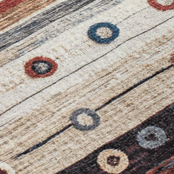 HomeRoots 5' Stylish Striped Beige, Rust, and Navy Blue Area Rug for Indoor and Outdoor Durability and Charm 8' Round 627541