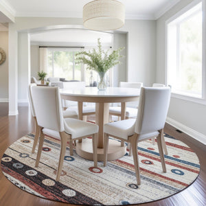 HomeRoots 5' Stylish Striped Beige, Rust, and Navy Blue Area Rug for Indoor and Outdoor Durability and Charm 8' Round 627541