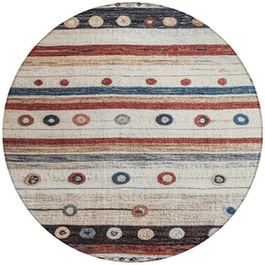 HomeRoots 5' Stylish Striped Beige, Rust, and Navy Blue Area Rug for Indoor and Outdoor Durability and Charm 8' Round 627541