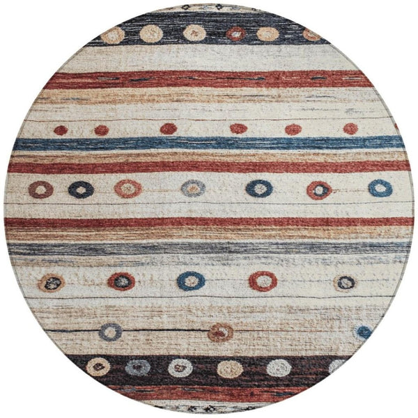 HomeRoots 5' Stylish Striped Beige, Rust, and Navy Blue Area Rug for Indoor and Outdoor Durability and Charm 8' Round 627541