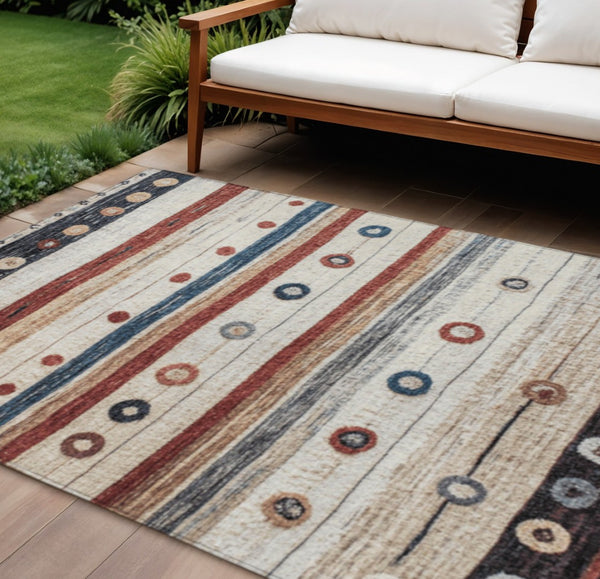 HomeRoots 5' Stylish Striped Beige, Rust, and Navy Blue Area Rug for Indoor and Outdoor Durability and Charm 8' X 10' 627542