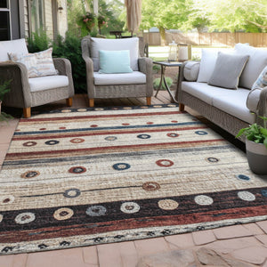 HomeRoots 5' Stylish Striped Beige, Rust, and Navy Blue Area Rug for Indoor and Outdoor Durability and Charm 9' X 12' 627543