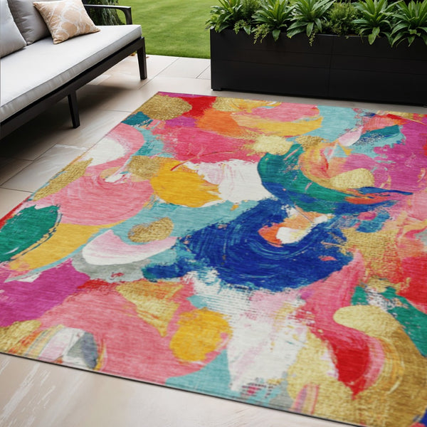 HomeRoots 5' Vibrant Blush Gold and Teal Abstract Area Rug - Washable, Durable for Indoor & Outdoor Spaces 5' X 8' 627564