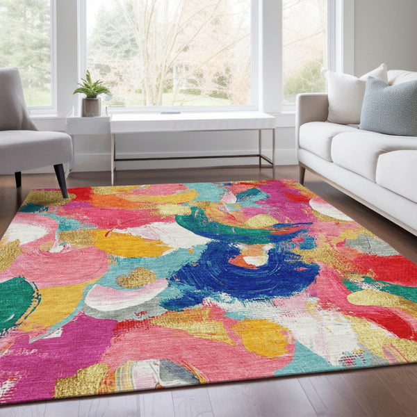 HomeRoots 5' Vibrant Blush Gold and Teal Abstract Area Rug - Washable, Durable for Indoor & Outdoor Spaces 5' X 8' 627564
