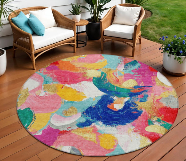 HomeRoots 5' Vibrant Blush Gold and Teal Abstract Area Rug - Washable, Durable for Indoor & Outdoor Spaces 8' Round 627565