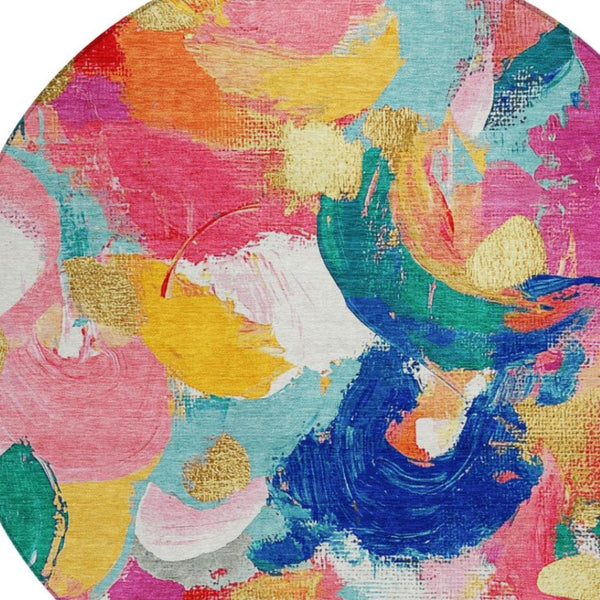 HomeRoots 5' Vibrant Blush Gold and Teal Abstract Area Rug - Washable, Durable for Indoor & Outdoor Spaces 8' Round 627565