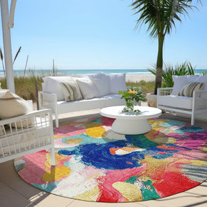 HomeRoots 5' Vibrant Blush Gold and Teal Abstract Area Rug - Washable, Durable for Indoor & Outdoor Spaces 8' Round 627565