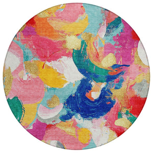 HomeRoots 5' Vibrant Blush Gold and Teal Abstract Area Rug - Washable, Durable for Indoor & Outdoor Spaces 8' Round 627565