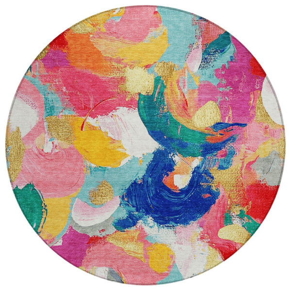 HomeRoots 5' Vibrant Blush Gold and Teal Abstract Area Rug - Washable, Durable for Indoor & Outdoor Spaces 8' Round 627565