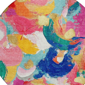 HomeRoots 5' Vibrant Blush Gold and Teal Abstract Area Rug - Washable, Durable for Indoor & Outdoor Spaces 8' Round 627565