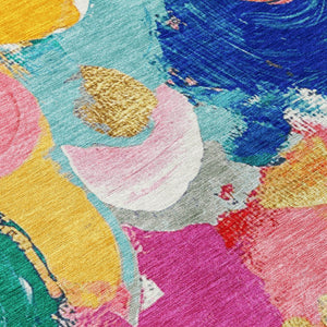HomeRoots 5' Vibrant Blush Gold and Teal Abstract Area Rug - Washable, Durable for Indoor & Outdoor Spaces 8' Round 627565