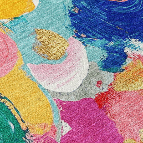 HomeRoots 5' Vibrant Blush Gold and Teal Abstract Area Rug - Washable, Durable for Indoor & Outdoor Spaces 8' Round 627565