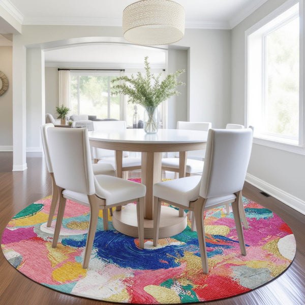 HomeRoots 5' Vibrant Blush Gold and Teal Abstract Area Rug - Washable, Durable for Indoor & Outdoor Spaces 8' Round 627565
