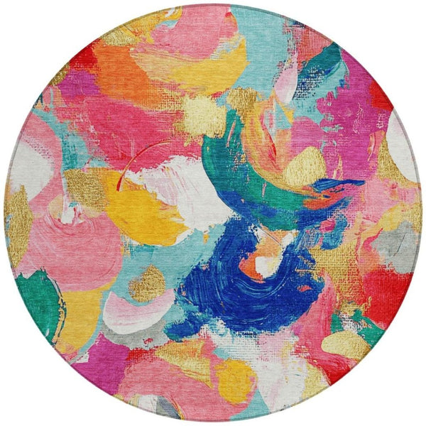 HomeRoots 5' Vibrant Blush Gold and Teal Abstract Area Rug - Washable, Durable for Indoor & Outdoor Spaces 8' Round 627565