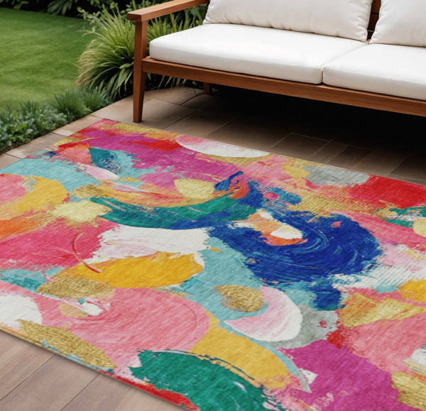 HomeRoots 5' Vibrant Blush Gold and Teal Abstract Area Rug - Washable, Durable for Indoor & Outdoor Spaces 8' X 10' 627566