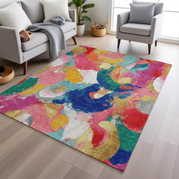HomeRoots 5' Vibrant Blush Gold and Teal Abstract Area Rug - Washable, Durable for Indoor & Outdoor Spaces 8' X 10' 627566