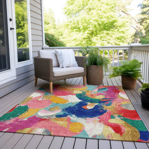 HomeRoots 5' Vibrant Blush Gold and Teal Abstract Area Rug - Washable, Durable for Indoor & Outdoor Spaces 8' X 10' 627566