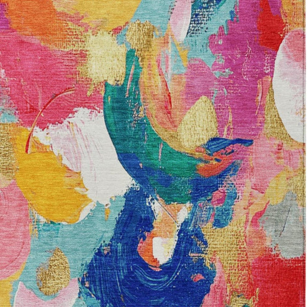 HomeRoots 5' Vibrant Blush Gold and Teal Abstract Area Rug - Washable, Durable for Indoor & Outdoor Spaces 9' X 12' 627567