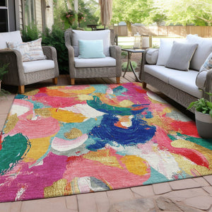 HomeRoots 5' Vibrant Blush Gold and Teal Abstract Area Rug - Washable, Durable for Indoor & Outdoor Spaces 9' X 12' 627567