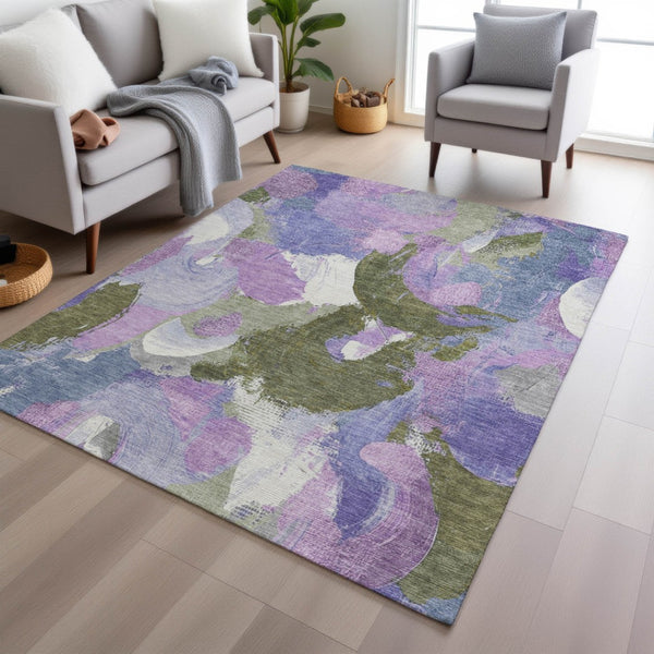 HomeRoots 5' Durable Abstract Area Rug in Lavender, Ivory & Sage - Washable & Stain-Resistant for Indoor/Outdoor Use 5' X 8' 627570