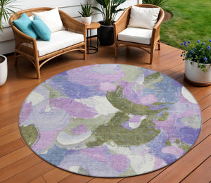 HomeRoots 5' Durable Abstract Area Rug in Lavender, Ivory & Sage - Washable & Stain-Resistant for Indoor/Outdoor Use 8' Round 627571