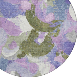 HomeRoots 5' Durable Abstract Area Rug in Lavender, Ivory & Sage - Washable & Stain-Resistant for Indoor/Outdoor Use 8' Round 627571