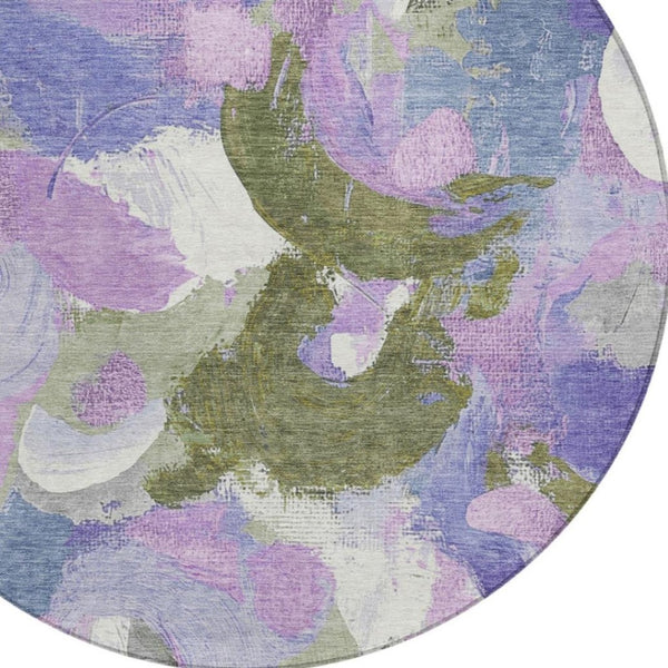 HomeRoots 5' Durable Abstract Area Rug in Lavender, Ivory & Sage - Washable & Stain-Resistant for Indoor/Outdoor Use 8' Round 627571