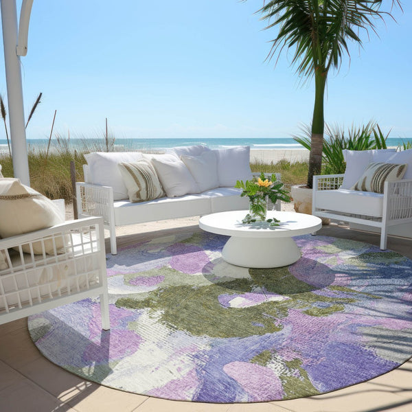 HomeRoots 5' Durable Abstract Area Rug in Lavender, Ivory & Sage - Washable & Stain-Resistant for Indoor/Outdoor Use 8' Round 627571
