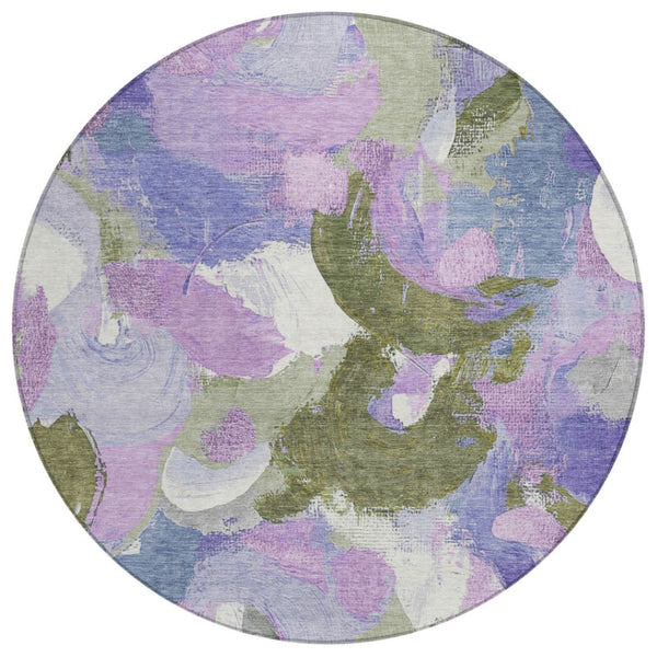 HomeRoots 5' Durable Abstract Area Rug in Lavender, Ivory & Sage - Washable & Stain-Resistant for Indoor/Outdoor Use 8' Round 627571