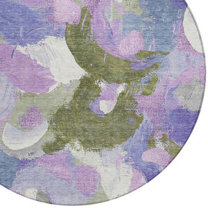 HomeRoots 5' Durable Abstract Area Rug in Lavender, Ivory & Sage - Washable & Stain-Resistant for Indoor/Outdoor Use 8' Round 627571