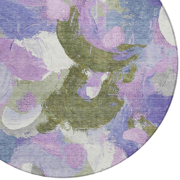HomeRoots 5' Durable Abstract Area Rug in Lavender, Ivory & Sage - Washable & Stain-Resistant for Indoor/Outdoor Use 8' Round 627571