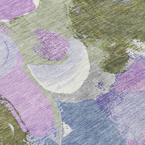 HomeRoots 5' Durable Abstract Area Rug in Lavender, Ivory & Sage - Washable & Stain-Resistant for Indoor/Outdoor Use 8' Round 627571