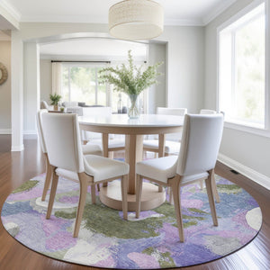 HomeRoots 5' Durable Abstract Area Rug in Lavender, Ivory & Sage - Washable & Stain-Resistant for Indoor/Outdoor Use 8' Round 627571