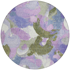 HomeRoots 5' Durable Abstract Area Rug in Lavender, Ivory & Sage - Washable & Stain-Resistant for Indoor/Outdoor Use 8' Round 627571