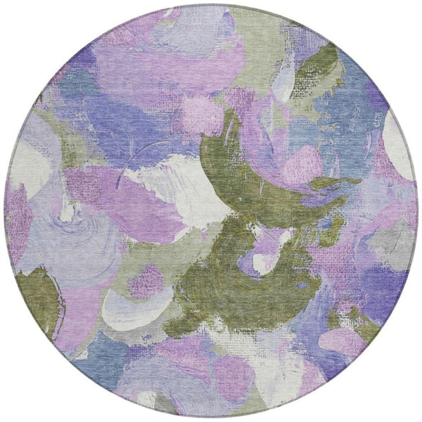 HomeRoots 5' Durable Abstract Area Rug in Lavender, Ivory & Sage - Washable & Stain-Resistant for Indoor/Outdoor Use 8' Round 627571