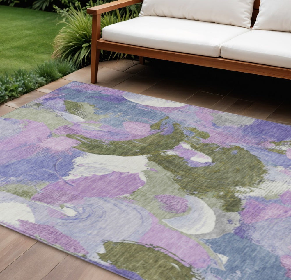 HomeRoots 5' Durable Abstract Area Rug in Lavender, Ivory & Sage - Washable & Stain-Resistant for Indoor/Outdoor Use 8' X 10' 627572