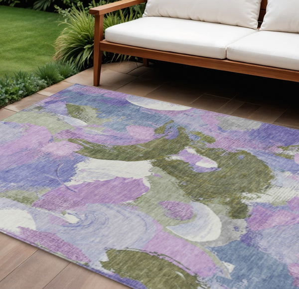 HomeRoots 5' Durable Abstract Area Rug in Lavender, Ivory & Sage - Washable & Stain-Resistant for Indoor/Outdoor Use 9' X 12' 627573