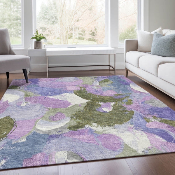 HomeRoots 5' Durable Abstract Area Rug in Lavender, Ivory & Sage - Washable & Stain-Resistant for Indoor/Outdoor Use 10' X 14' 627574