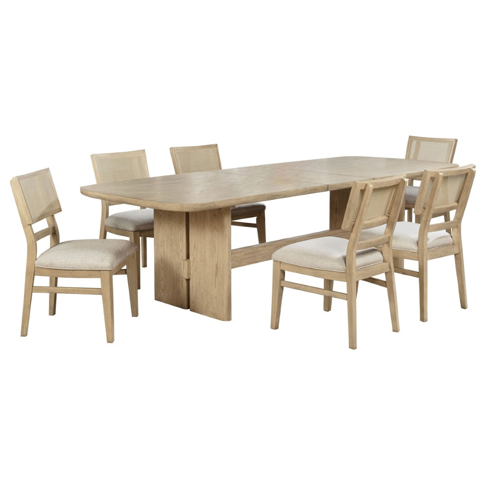 English Elm Beige Oak Coastal Dining Set with Cane Back Chairs and Extension Leaf Seats Six B062S01847
