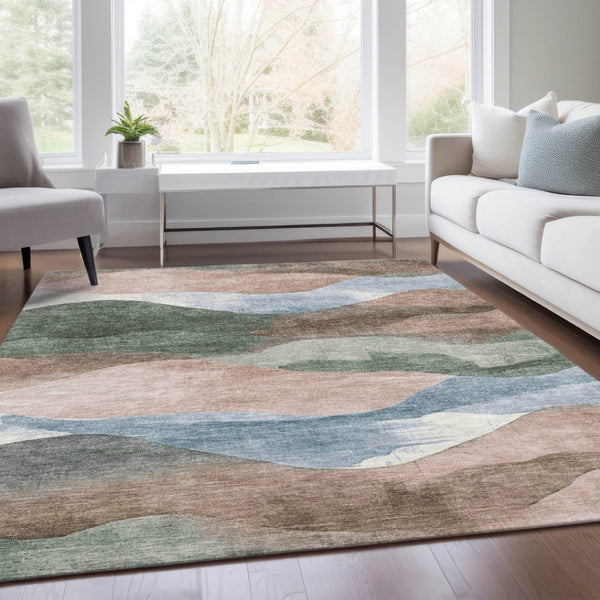 HomeRoots 5' Durable Salmon and Emerald Abstract Rug for Indoor/Outdoor Use - Machine Washable & Stylish Design 5' X 8' 627618