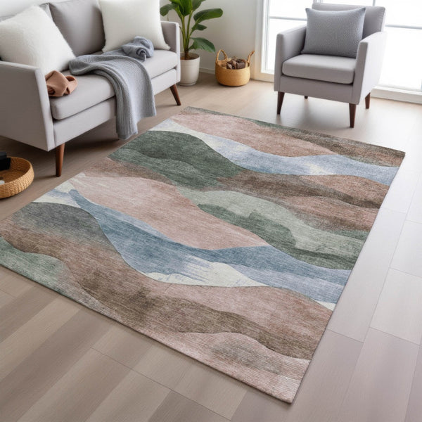 HomeRoots 5' Durable Salmon and Emerald Abstract Rug for Indoor/Outdoor Use - Machine Washable & Stylish Design 10' X 14' 627622