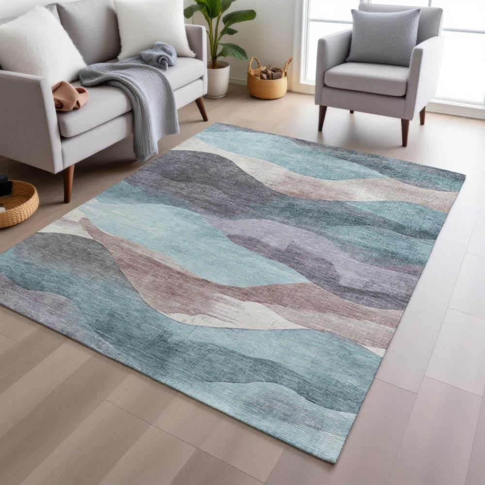 HomeRoots 5' Bold Teal Blue and Plum Abstract Area Rug – Durable, Washable for Indoor & Outdoor Spaces! 5' X 8' 627624