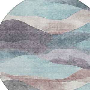 HomeRoots 5' Bold Teal Blue and Plum Abstract Area Rug – Durable, Washable for Indoor & Outdoor Spaces! 8' Round 627625