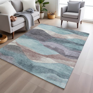 HomeRoots 5' Bold Teal Blue and Plum Abstract Area Rug – Durable, Washable for Indoor & Outdoor Spaces! 9' X 12' 627627