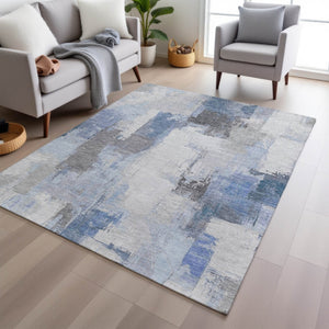 HomeRoots 5' Denim Blue and Ivory Abstract Area Rug – Stylish Washable Design for Indoor and Outdoor Use 5' X 8' 627630