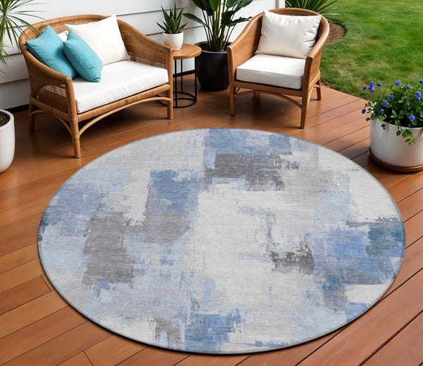HomeRoots 5' Denim Blue and Ivory Abstract Area Rug – Stylish Washable Design for Indoor and Outdoor Use 8' Round 627631