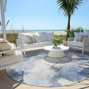 HomeRoots 5' Denim Blue and Ivory Abstract Area Rug – Stylish Washable Design for Indoor and Outdoor Use 8' Round 627631