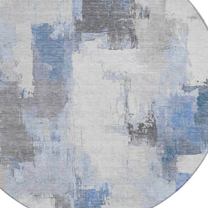 HomeRoots 5' Denim Blue and Ivory Abstract Area Rug – Stylish Washable Design for Indoor and Outdoor Use 8' Round 627631