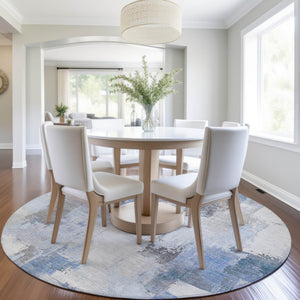 HomeRoots 5' Denim Blue and Ivory Abstract Area Rug – Stylish Washable Design for Indoor and Outdoor Use 8' Round 627631